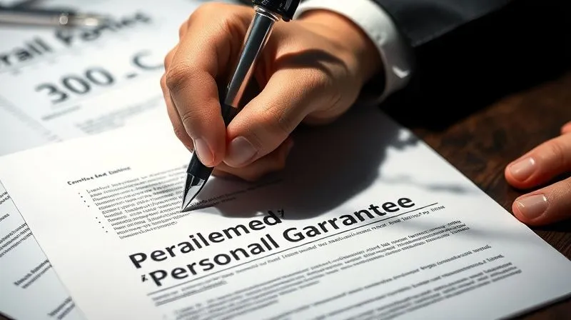 photorealistic, professional photography, 8K, cinematic lighting, sharp focus, depth of field, shot on a high-end DSLR. A person's hand signing a document with a prominent section labeled 'Personal Guarantee,' with ominous shadows cast over the signature, symbolizing the hidden risks and implications. The background shows blurred business documents, emphasizing the singular focus on the guarantee.
