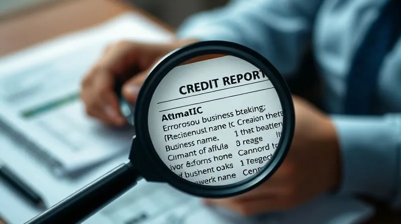 photorealistic, professional photography, 8K, cinematic lighting, sharp focus, depth of field, shot on a high-end DSLR. A magnifying glass focused intensely on a section of a credit report, highlighting an erroneous entry related to a business name, with blurred hands in the background meticulously organizing documents. The lighting is bright and forensic, emphasizing scrutiny and detail.