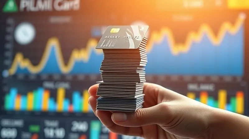 photorealistic, professional photography, 8K, cinematic lighting, sharp focus, depth of field, shot on a high-end DSLR. A hand carefully stacking pristine, new credit cards like building blocks to form a stable, ascending structure, symbolizing credit rebuilding. The background is a soft-focus financial dashboard showing positive trends, with warm, encouraging lighting.