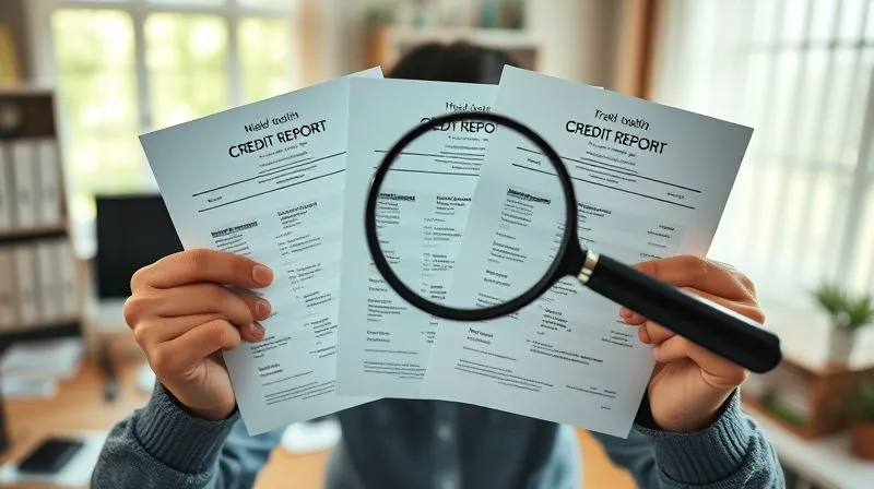 photorealistic, professional photography, 8K, cinematic lighting, sharp focus, depth of field, shot on a high-end DSLR of a person's hands holding up three distinct, crisp credit reports (one for each major bureau) with a magnifying glass hovering over them, highlighting discrepancies, in a well-lit, organized home office setting.