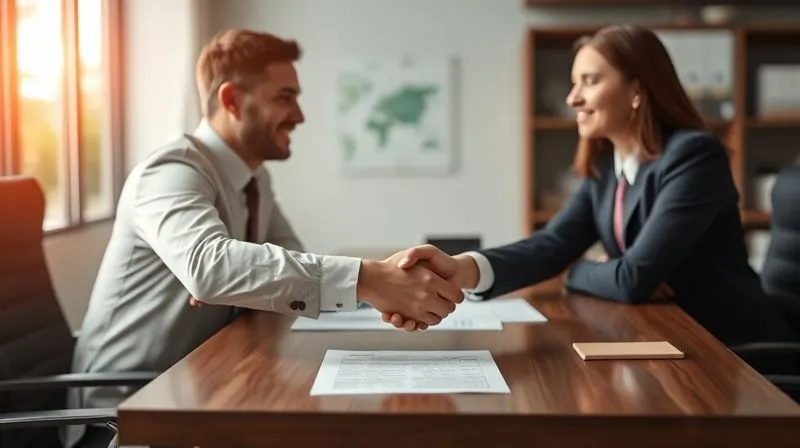 photorealistic, professional photography, 8K, cinematic lighting, sharp focus, depth of field, shot on a high-end DSLR of a business owner shaking hands with a professional financial advisor across a desk, with a credit report document visible, symbolizing expert guidance and collaboration in a modern, well-lit office.