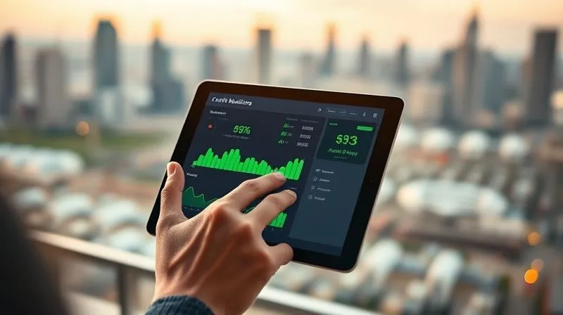 photorealistic, professional photography, 8K, cinematic lighting, sharp focus, depth of field, shot on a high-end DSLR of a person's hands using a tablet displaying a clean, modern credit monitoring dashboard with green positive graphs and indicators, symbolizing proactive financial health management, with a blurred background of a dynamic city skyline.