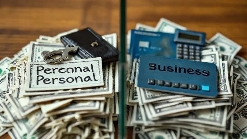 A photorealistic close-up of two distinct piles of currency, one clearly marked 'Personal' with a wallet and keys, and the other 'Business' with a corporate credit card and a small calculator, separated by a clear glass barrier. Cinematic lighting, sharp focus on the separation, depth of field, shot on a high-end DSLR, 8K hyper-detailed, professional photography.