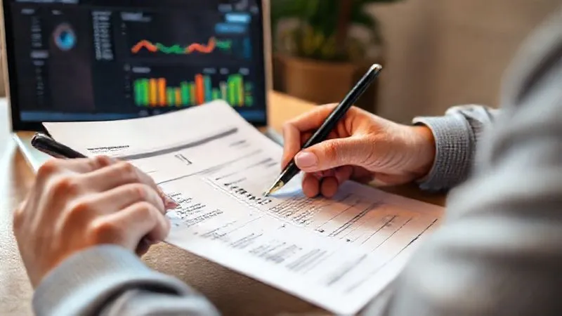 A photorealistic image of a person meticulously reviewing a credit report printout, highlighting sections with a pen, with a laptop displaying a credit monitoring dashboard in the background. The scene is calm and focused, with soft, natural lighting. Sharp focus on the report, depth of field, shot on a high-end DSLR, 8K hyper-detailed, professional photography.