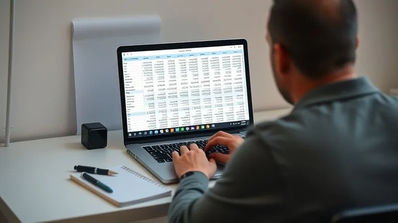 A photorealistic image of a person sitting at a minimalist desk, intensely focused on a laptop screen displaying a complex but organized digital spreadsheet with financial figures. A pen and notebook are beside them, with notes. The lighting is soft but clear, emphasizing concentration and clarity. Professional photography, 8K, cinematic lighting, sharp focus, depth of field, shot on a high-end DSLR.
