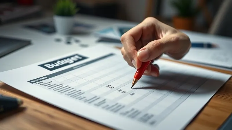 A photorealistic, detailed image of a person's hand with a red pen striking through items on a meticulously organized paper budget sheet. The background is a slightly blurred, minimalist home office setting. Cinematic lighting, sharp focus on the budget sheet and hand, depth of field blurring the background. Professional photography, 8K, shot on a high-end DSLR.