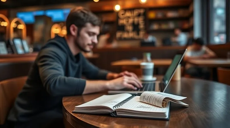 A photorealistic image of a person at a coffee shop, intently working on a laptop, surrounded by a subtle aura of productivity. On the table, there's a notebook with brainstormed ideas for 'side hustles' or 'income streams'. The setting is vibrant but focused. Professional photography, 8K, cinematic lighting, sharp focus, depth of field, shot on a high-end DSLR.