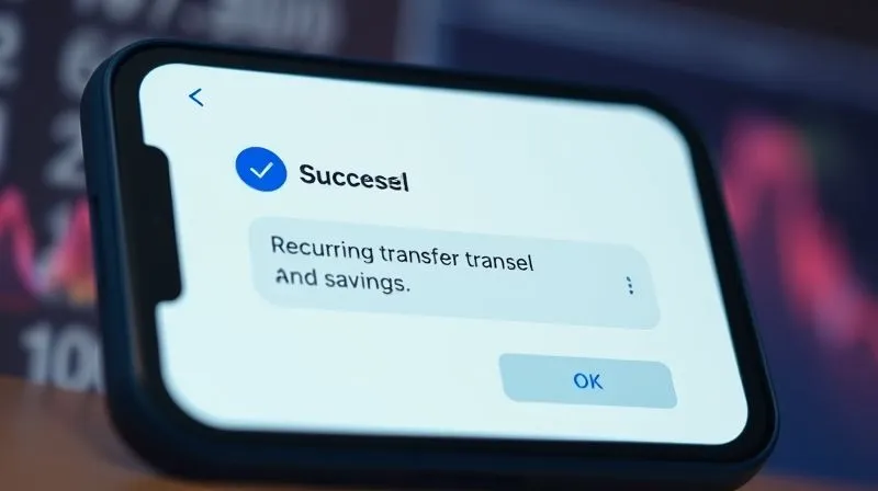 A photorealistic, digital interface of a banking app or website, showing a successful 'recurring transfer' or 'automatic savings' confirmation. The screen is clean and modern, with subtle financial graphs in the background. Cinematic lighting, sharp focus on the interface, depth of field blurring the background. Professional photography, 8K, shot on a high-end DSLR.
