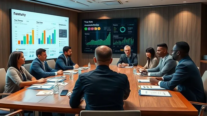 Photorealistic, professional photography, 8K, cinematic lighting, sharp focus, depth of field, shot on a high-end DSLR. A diverse team of corporate professionals, including treasury, finance, and legal representatives, engaged in a collaborative meeting around a large conference table, with a clear focus on a shared digital dashboard displaying 'Risk & Compliance Metrics'. The atmosphere is one of proactive strategic planning and teamwork.