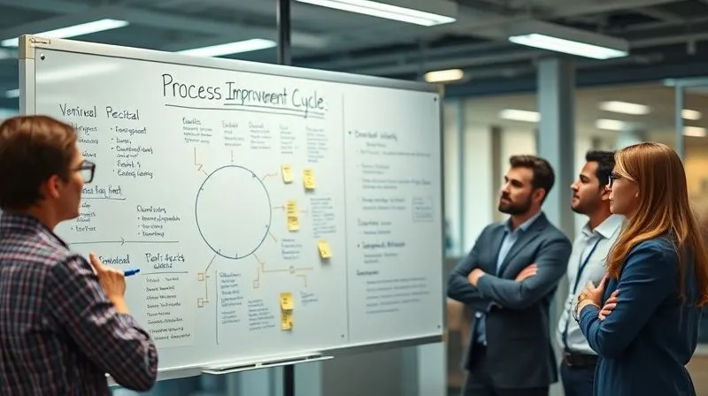 Photorealistic, professional photography, 8K, cinematic lighting, sharp focus, depth of field, shot on a high-end DSLR. A whiteboard in a modern office, covered with flowcharts, sticky notes, and diagrams illustrating a 'Process Improvement Cycle', with a diverse team of professionals thoughtfully analyzing it in the blurred background, suggesting a collaborative effort towards refining operational procedures after a critical incident.