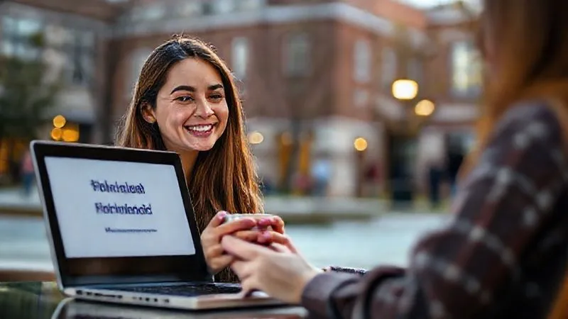 A happy, relieved female student looking at a laptop screen showing a 'Financial Aid Approved' message, with a university campus visible in the background. The student is smiling, holding a cup of coffee. Photorealistic, professional photography, 8K, cinematic lighting, sharp focus, depth of field.