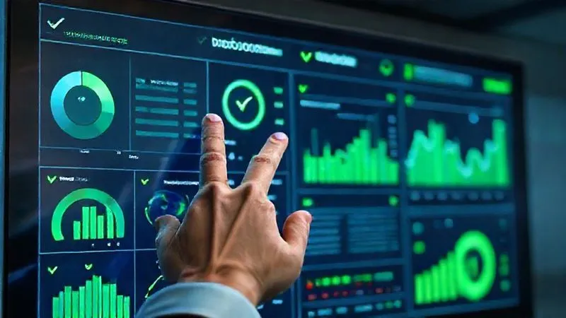 A photorealistic image of a sleek, modern dashboard displaying various compliance metrics and data visualizations, with green checkmarks indicating successful processes, a hand pointing to a specific metric, soft blue and green lighting, 8K hyper-detailed.