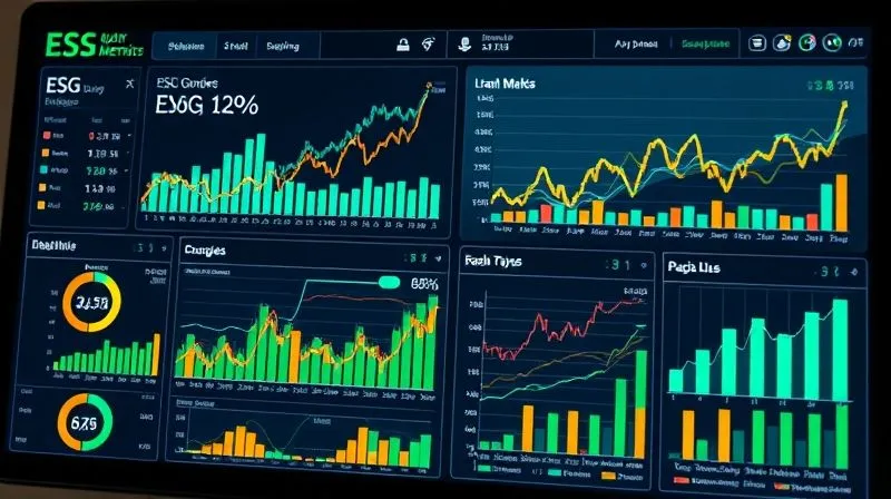 photorealistic, professional photography, 8K, cinematic lighting, sharp focus, depth of field, shot on a high-end DSLR. A complex financial dashboard displaying various ESG metrics alongside traditional financial performance indicators like stock prices and growth charts, all in a clean, modern interface, with data points clearly visible and interconnected.