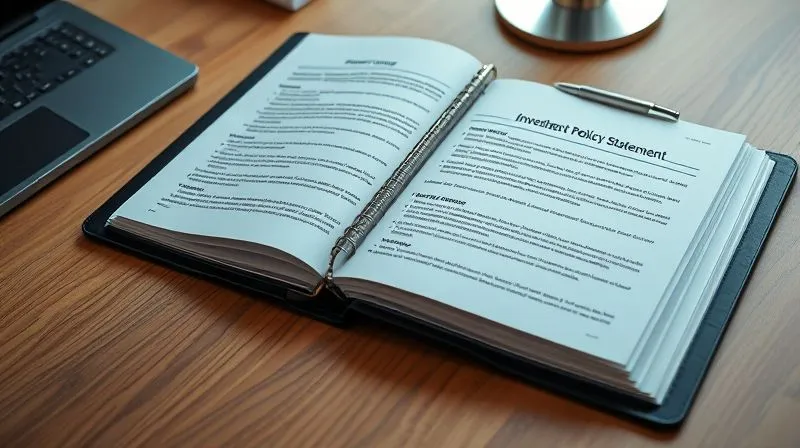 photorealistic, professional photography, 8K, cinematic lighting, sharp focus, depth of field, shot on a high-end DSLR. A meticulously organized financial binder open to a page titled "Investment Policy Statement," with sections clearly outlining financial goals, risk tolerance, and ethical investment guidelines. A pen rests beside it, ready for review. The background is a clean, professional desk.