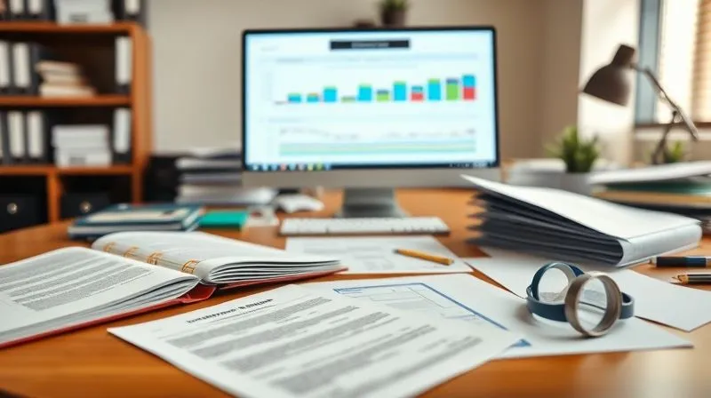 A photorealistic image of a highly organized desk with open binders, digital folders on a computer screen, and a timeline laid out, representing meticulous documentation for an insurance claim. Cinematic lighting, sharp focus on the documents, depth of field blurring the background, 8K hyper-detailed.