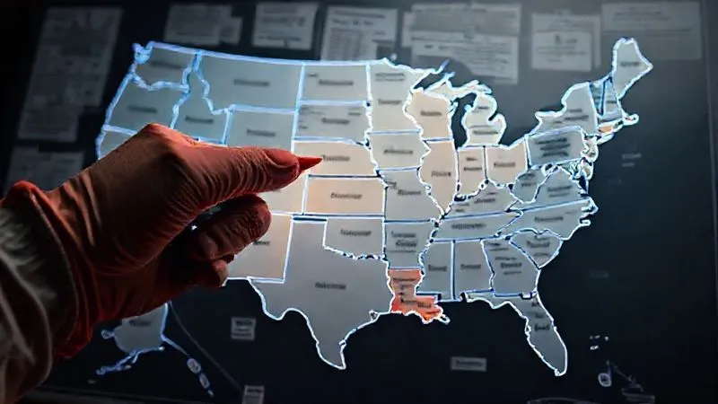 A photorealistic, professional photography, 8K, cinematic lighting, sharp focus, depth of field, shot on a high-end DSLR, showing a detailed, intricate map of the United States with various state outlines highlighted in different colors, representing different tax laws. Overlaid are translucent layers of legal documents and tax forms, creating a sense of complexity and overlapping jurisdictions. A gloved hand points to a specific state with a red marker, indicating a point of conflict.