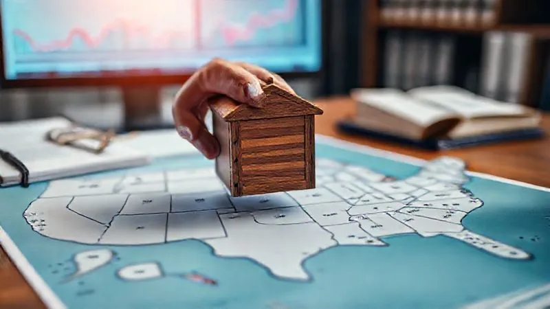 A photorealistic, professional photography, 8K, cinematic lighting, sharp focus, depth of field, shot on a high-end DSLR, depicting a serene, sophisticated office setting. A hand gently places a small, intricately designed wooden box (representing a trust) onto a map of the United States, specifically over multiple states, symbolizing asset protection and streamlined management across jurisdictions. The background shows blurred legal books and a digital screen with financial charts.