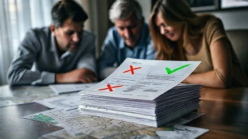 A photorealistic, professional photography, 8K, cinematic lighting, sharp focus, depth of field, shot on a high-end DSLR, showing a distressed family looking at a stack of legal papers and maps on a table. One paper is highlighted with a red 'X' over a state, while another is highlighted with a green 'check' over a different state, metaphorically representing conflicting legal claims and the confusion that arises post-mortem. The lighting is somber, emphasizing the emotional weight of the situation.