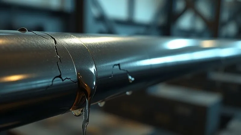 A photorealistic image of a vibrant, growing business pipeline, but with several visible cracks and leaks along its length, spilling liquid onto the ground below. The pipeline is made of polished metal, gleaming under cinematic lighting, sharp focus on the leaks, depth of field blurring the background, 8K hyper-detailed, shot on a high-end DSLR, conveying a sense of urgent repair needed.