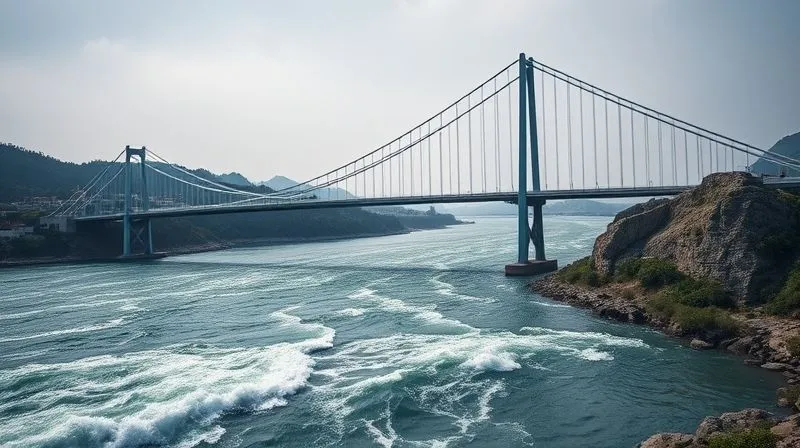 A photorealistic image of a sturdy, modern bridge extending over a turbulent, rapidly flowing river, connecting two prosperous landmasses. The bridge represents short-term financing, the river represents cash flow challenges during growth. Professional photography, 8K, cinematic lighting, sharp focus on the bridge, depth of field blurring the background, shot on a high-end DSLR, conveying a sense of temporary support and strategic connection.