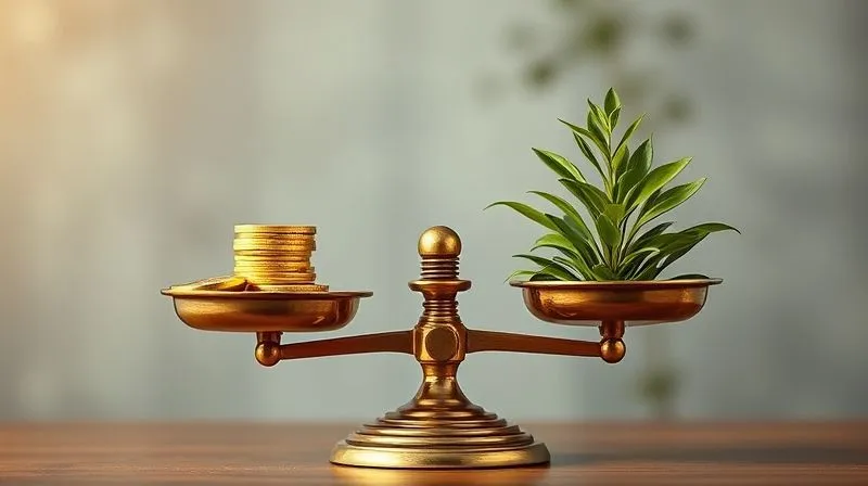 A photorealistic image of a perfectly balanced vintage brass scale, with one pan holding a stack of gold coins (representing cash) and the other pan holding a vibrant, healthy green plant (representing sales growth). The scale is in perfect equilibrium, under warm, cinematic lighting, sharp focus on the balance, depth of field blurring the background, 8K hyper-detailed, shot on a high-end DSLR, conveying financial harmony and stability.