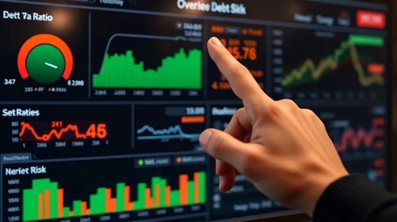 photorealistic, professional photography, 8K, cinematic lighting, sharp focus, depth of field, shot on a high-end DSLR. A detailed financial dashboard displaying various debt metrics, with some ratios highlighted in red indicating high risk, while others are in green, showing a balanced approach. A hand points to a specific metric on the screen, emphasizing the concept of over-leveraging, with a subtle sense of concern but also analytical focus.