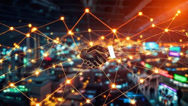 A photorealistic image of a vibrant, interconnected financial network, with glowing lines connecting various growth symbols: a factory expanding, a merger handshake, a scientist in a lab, and a bustling market. The lines represent financial flows and strategic debt, all contributing to a central, strong business logo. Cinematic lighting, sharp focus, depth of field blurring the distant background, 8K hyper-detailed.