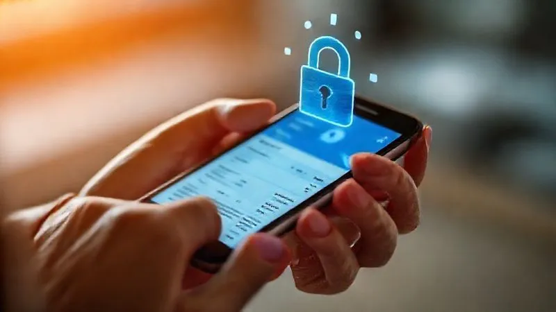 photorealistic, professional photography, 8K, cinematic lighting, sharp focus, depth of field, shot on a high-end DSLR. A person's hands holding a smartphone, with a blurred screen displaying a credit report summary, while a secure digital lock icon hovers above. The scene conveys immediate, proactive digital action for financial protection.