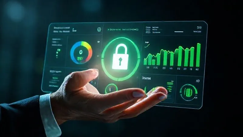 photorealistic, professional photography, 8K, cinematic lighting, sharp focus, depth of field, shot on a high-end DSLR. A person's hand interacting with a holographic display showing a secure digital dashboard with various credit metrics, a padlock icon, and green upward trends, conveying advanced financial monitoring and protection.