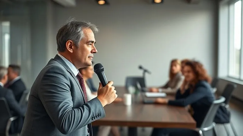 A photorealistic image of a professional financial advisor speaking calmly and clearly into a microphone, with subtle sound waves emanating outwards towards a diverse group of attentive clients seated around a modern conference table. Cinematic lighting, sharp focus on the advisor, depth of field, shot on a high-end DSLR, 8K hyper-detailed, professional photography.