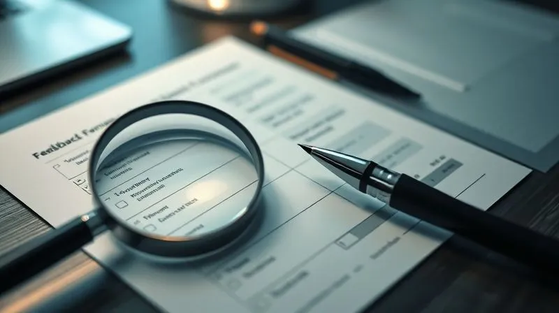 A photorealistic image of a magnifying glass hovering over a detailed feedback form or survey, with a professional pen poised above it. The scene is set on a modern desk with a subtle glow, suggesting meticulous review and a commitment to continuous improvement. Cinematic lighting, sharp focus on the form and pen, depth of field, shot on a high-end DSLR, 8K hyper-detailed, professional photography.