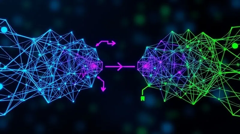 A photorealistic infographic showing two complex, intertwined data networks, one colored blue and one green, slowly merging into a single, organized purple network. Arrows indicate data flow and consolidation. Professional photography, 8K, cinematic lighting, sharp focus on the merging point, depth of field blurring the background, shot on a high-end DSLR.