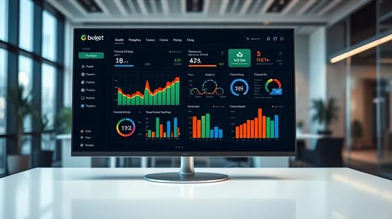 A photorealistic, sleek financial dashboard displayed on a large monitor in a modern office, showing integrated budget categories, real-time spending, and performance metrics with clear charts and graphs. The screen glows subtly, casting light on a clean desk. Professional photography, 8K, cinematic lighting, sharp focus on the dashboard, depth of field blurring the office background, shot on a high-end DSLR.