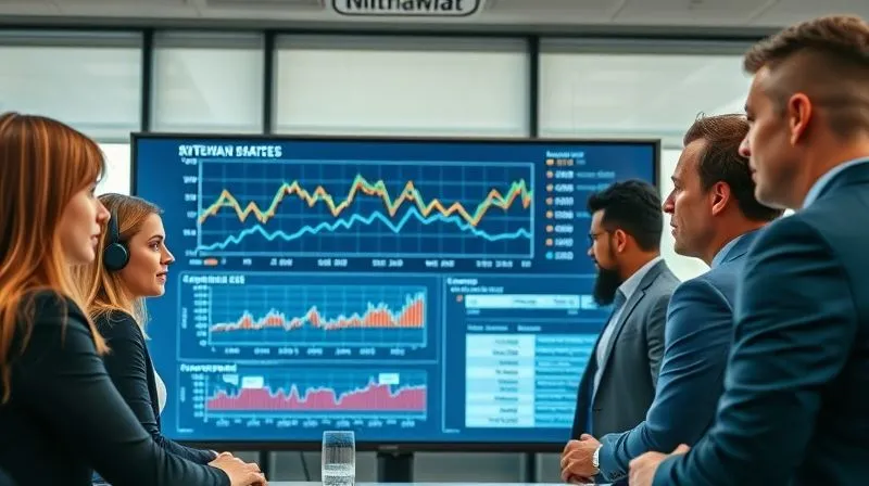 A photorealistic image of a business team in a modern office, gathered around a large screen displaying complex financial projection charts. The charts show multiple lines representing different interest rate scenarios (e.g., baseline, moderate increase, significant increase) and their impact on revenue and expenses. Professional photography, 8K, cinematic lighting, sharp focus on the screen and the engaged expressions of the team, depth of field blurring the office background, shot on a high-end DSLR.