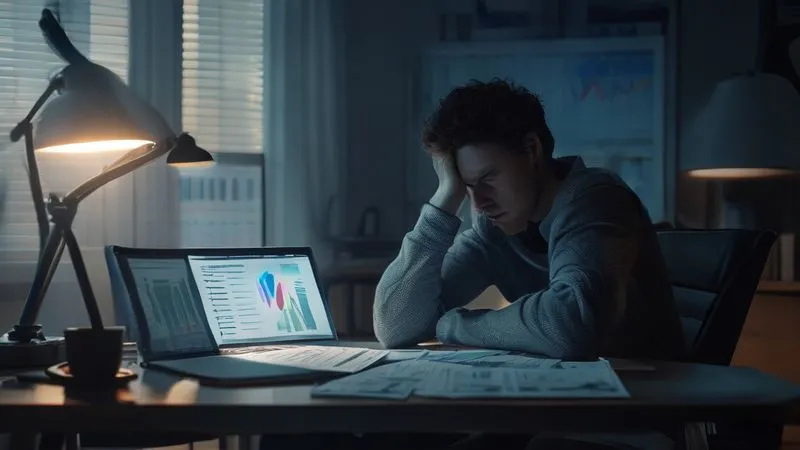 photorealistic, professional photography, 8K, cinematic lighting, sharp focus, depth of field, shot on a high-end DSLR. A person sitting at a dimly lit desk, head in hands, looking at a stack of bills and a laptop screen displaying financial graphs. The scene conveys deep financial stress and worry, with a subtle hint of hope from a distant light source, symbolizing the weight of high-value mortgage debt after an income shock.