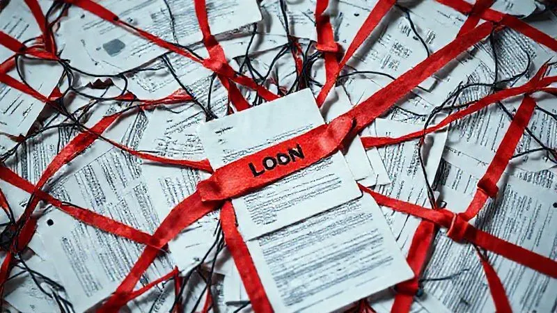 A photorealistic image of a complex web of financial documents and loan statements, tied together with red tape, creating a sense of being trapped. Cinematic lighting highlights the intricate connections, sharp focus on the center, depth of field blurring the background, 8K hyper-detailed, professional photography, shot on a high-end DSLR.