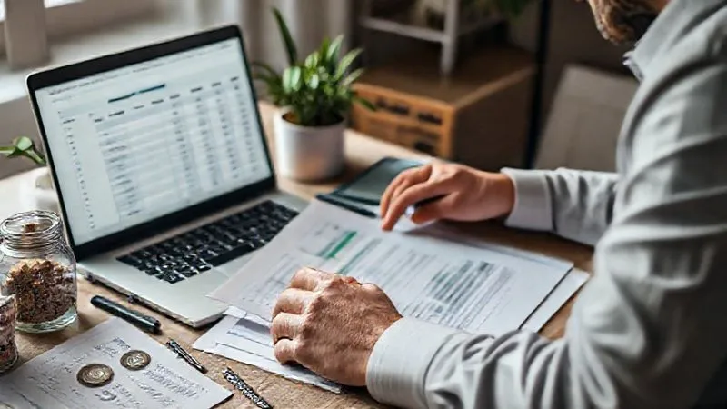 A photorealistic, professional photography, 8K, cinematic lighting, sharp focus, depth of field, shot on a high-end DSLR, depicting a person meticulously organizing financial documents and a laptop displaying a budget spreadsheet, surrounded by symbols of financial stability like a healthy plant and a savings jar, conveying a sense of calm and control. The scene is well-lit and orderly.