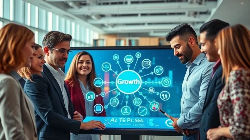 A photorealistic image of a diverse group of professionals collaborating around a large touchscreen displaying interconnected ideas and growth strategies, vibrant colors, modern office environment, cinematic lighting, sharp focus on the screen and faces, depth of field, 8K hyper-detailed, shot on a high-end DSLR.