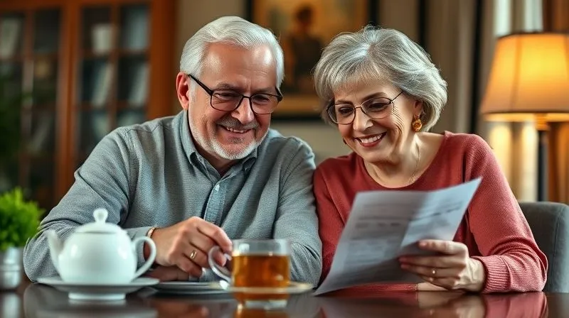 photorealistic, professional photography, 8K, cinematic lighting, sharp focus, depth of field, shot on a high-end DSLR, a senior couple, Mr. and Mrs. Anderson, smiling gently while reviewing a financial statement, a cup of tea on the table, a sense of calm and relief, suggesting successful financial planning and income stabilization after a challenge, warm and inviting atmosphere.