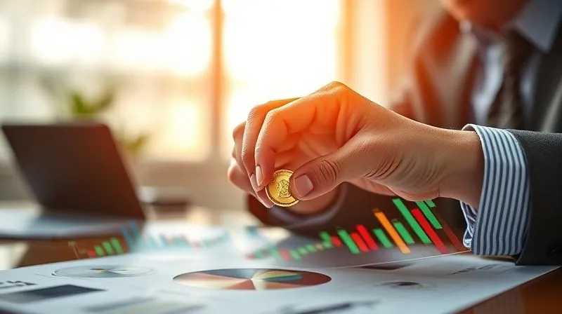 photorealistic, professional photography, 8K, cinematic lighting, sharp focus, depth of field, shot on a high-end DSLR, a senior person carefully placing a small, gold-colored coin (symbolizing alternative assets) into a section of a diversified portfolio display, alongside traditional stock and bond symbols, in a well-lit, professional office setting, conveying strategic diversification and security.