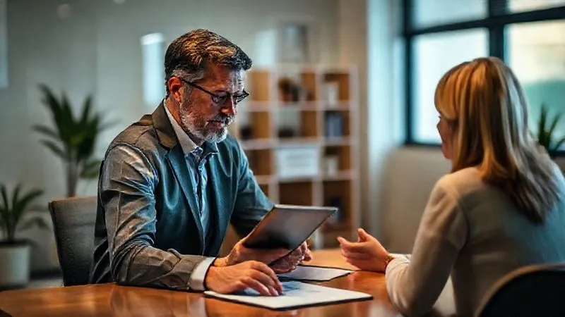 photorealistic, professional photography, 8K, cinematic lighting, sharp focus, depth of field, shot on a high-end DSLR, a compassionate insurance agent sitting across a desk from a client, gently explaining policy details on a tablet screen, the client looking engaged and reassured, soft office lighting, conveying empathy and clear communication.