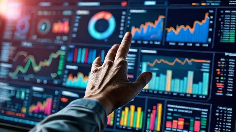 photorealistic, professional photography, 8K, cinematic lighting, sharp focus, depth of field, shot on a high-end DSLR, a complex data dashboard displaying various insurance metrics, churn rates, and client risk profiles with colorful graphs and charts, a hand hovering over a touchscreen, conveying data-driven decision making in an insurance context.
