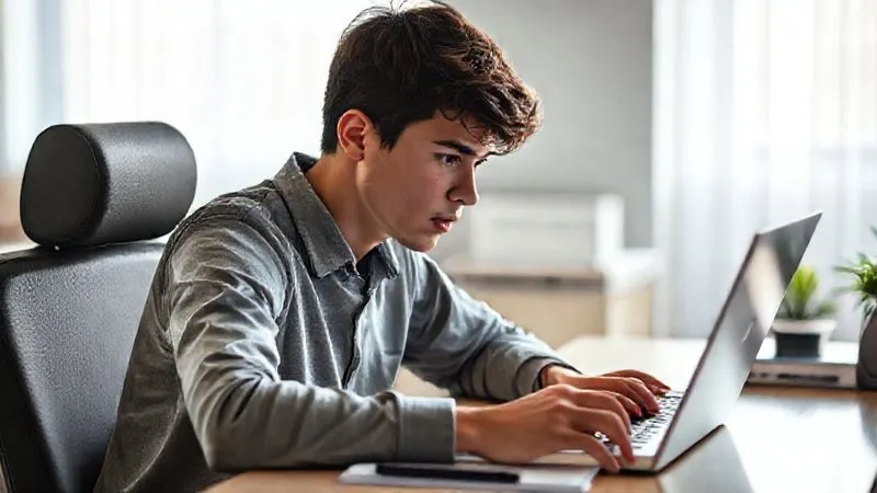 photorealistic, professional photography, 8K, cinematic lighting, sharp focus, depth of field, shot on a high-end DSLR, a young adult sitting at a desk with a laptop open, intently focused on an online defensive driving course, a notepad and pen beside them, a sense of determination and learning, soft, encouraging lighting.