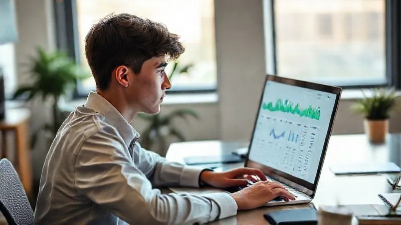 A photorealistic image of a young graduate sitting at a desk, looking thoughtfully at a laptop screen displaying a complex personal finance dashboard with charts and numbers, representing the new financial challenges and opportunities of post-graduation life. Soft, natural lighting from a window, sharp focus on the individual and screen, depth of field blurring the office background. 8K hyper-detailed, professional photography, shot on a high-end DSLR.