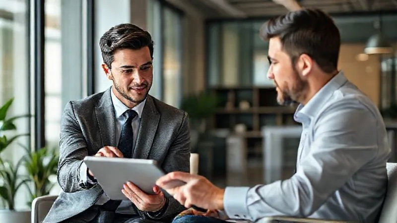A photorealistic image of a young professional having a one-on-one consultation with a financial advisor in a modern, bright office setting. The advisor, dressed professionally, is pointing to a digital tablet displaying financial projections, while the client listens attentively. Cinematic lighting highlights their faces, sharp focus on the interaction, depth of field blurring the background. 8K hyper-detailed, professional photography, shot on a high-end DSLR.
