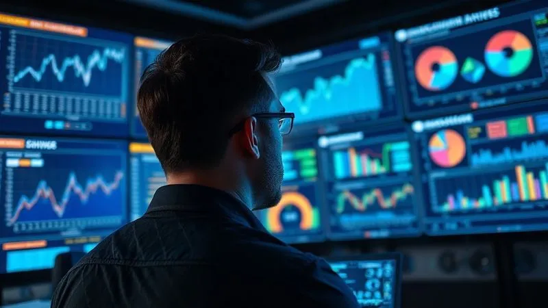 A photorealistic image of a data analyst looking at multiple large screens displaying complex financial data visualizations, including churn prediction models and customer segmentation charts. The analyst is focused, with a subtle glow from the screens illuminating their face. The scene is set in a modern, high-tech control room environment, with cool, analytical cinematic lighting, sharp focus on the screens and analyst, and a shallow depth of field. 8K hyper-detailed, professional photography, shot on a high-end DSLR.