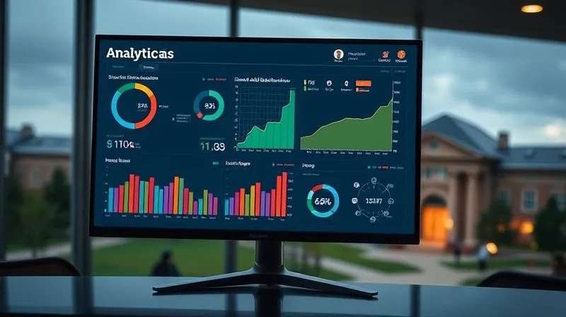 A photorealistic image of a sophisticated data analytics dashboard displaying student retention metrics, financial aid distribution graphs, and early warning indicators on a sleek monitor, with a blurred university campus in the background. Professional photography, 8K, cinematic lighting, sharp focus, depth of field, shot on a high-end DSLR.