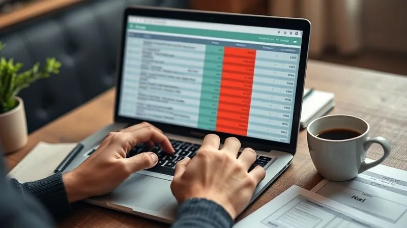 A photorealistic image of a person meticulously organizing a digital budget spreadsheet on a laptop, surrounded by notes and a cup of coffee, signifying careful financial planning. Professional photography, 8K, cinematic lighting, sharp focus on the screen, depth of field blurring the background, shot on a high-end DSLR.