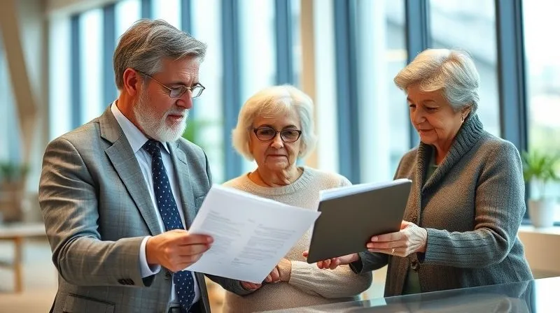 A photorealistic image of a financial advisor (expert-looking, 50s-60s) and a retired couple (50s-60s) reviewing documents and a tablet in a bright, modern office. The atmosphere is calm and reassuring, emphasizing ongoing guidance. Professional photography, 8K, cinematic lighting, sharp focus on the people and documents, depth of field blurring the background, shot on a high-end DSLR.