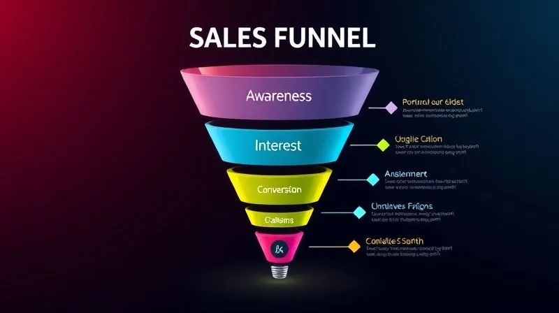 A photorealistic infographic illustrating a simplified sales funnel with distinct stages (Awareness, Interest, Consideration, Conversion), showing a smooth, optimized flow with arrows indicating progression. Cinematic lighting, vibrant colors highlighting efficiency, 8K, sharp focus, professional photography.